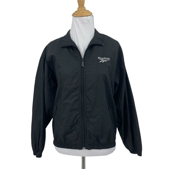 Vintage Reebok Windbreaker Womens M/L Black Full Zip Big Logo Jacket 90s *READ - Picture 1 of 10